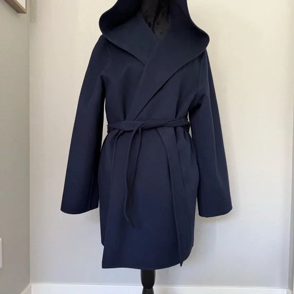 St. John Blue Hooded Wool & Cashmere Wrap Coat in Size Large - Picture 3 of 8